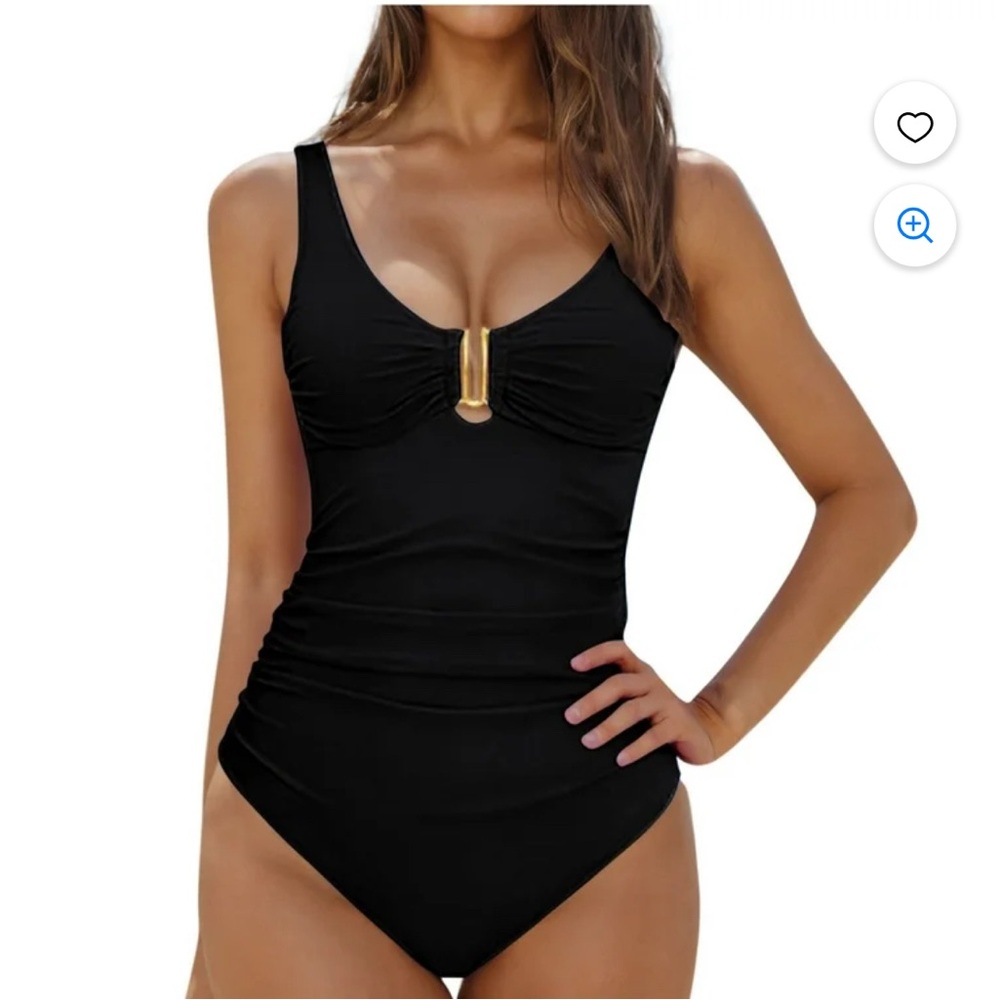 Black One Piece Swimsuit with V-Neck and Ribbed Texture